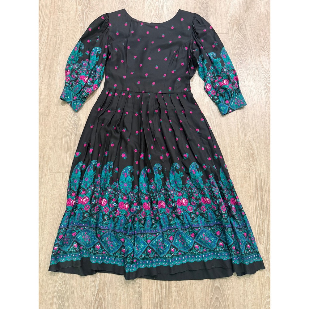 Vintage Petite Lanz Black Pink Floral Paisley Rayon Midi Dress Size 6 USA Made